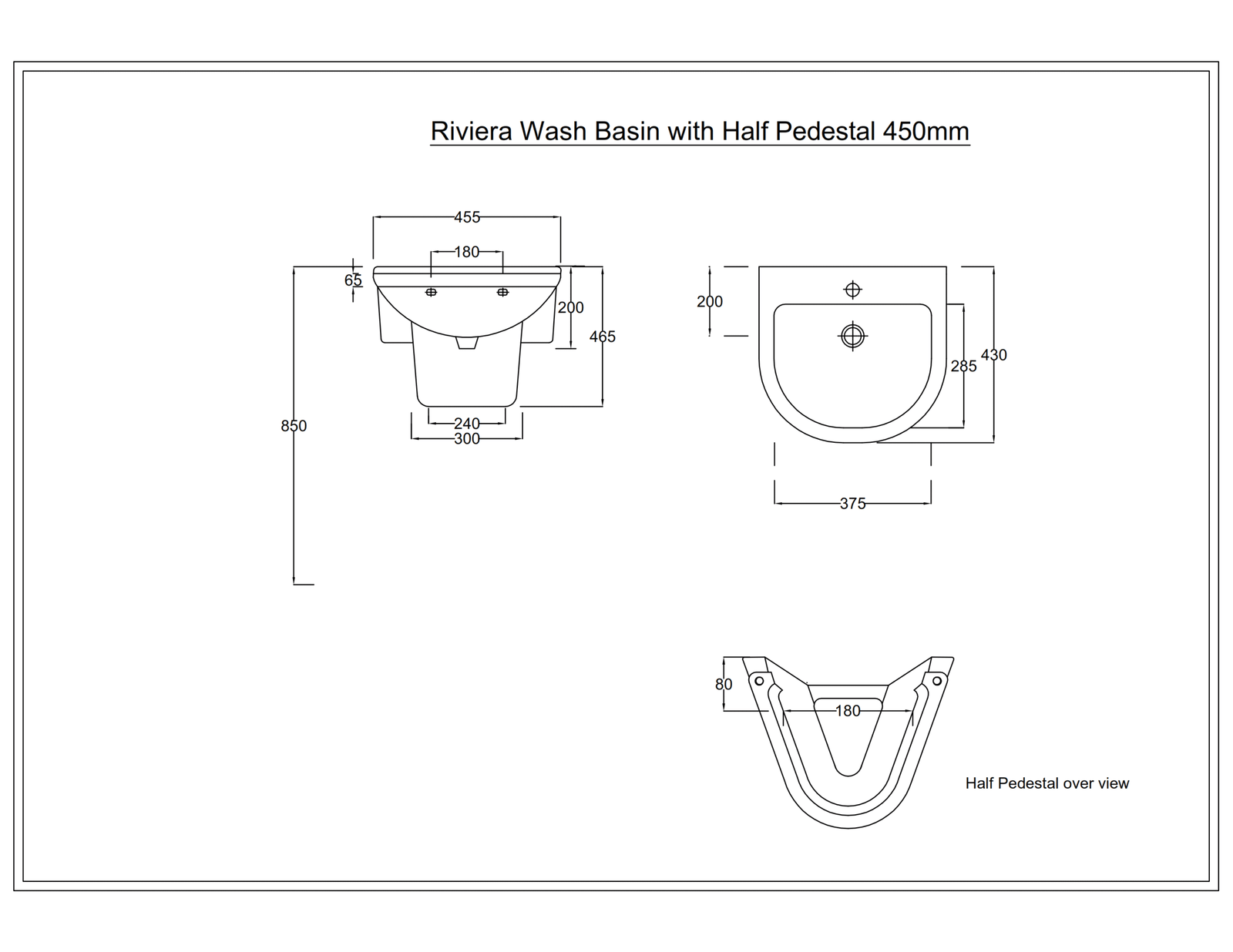 Riviera wash basin with half pedestal 450mm_001 dimension section image